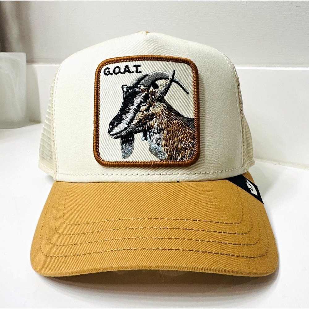 Goorin Bros Goat Patch Trucker Hat White Tan Mesh Back One Size Snapback Cap